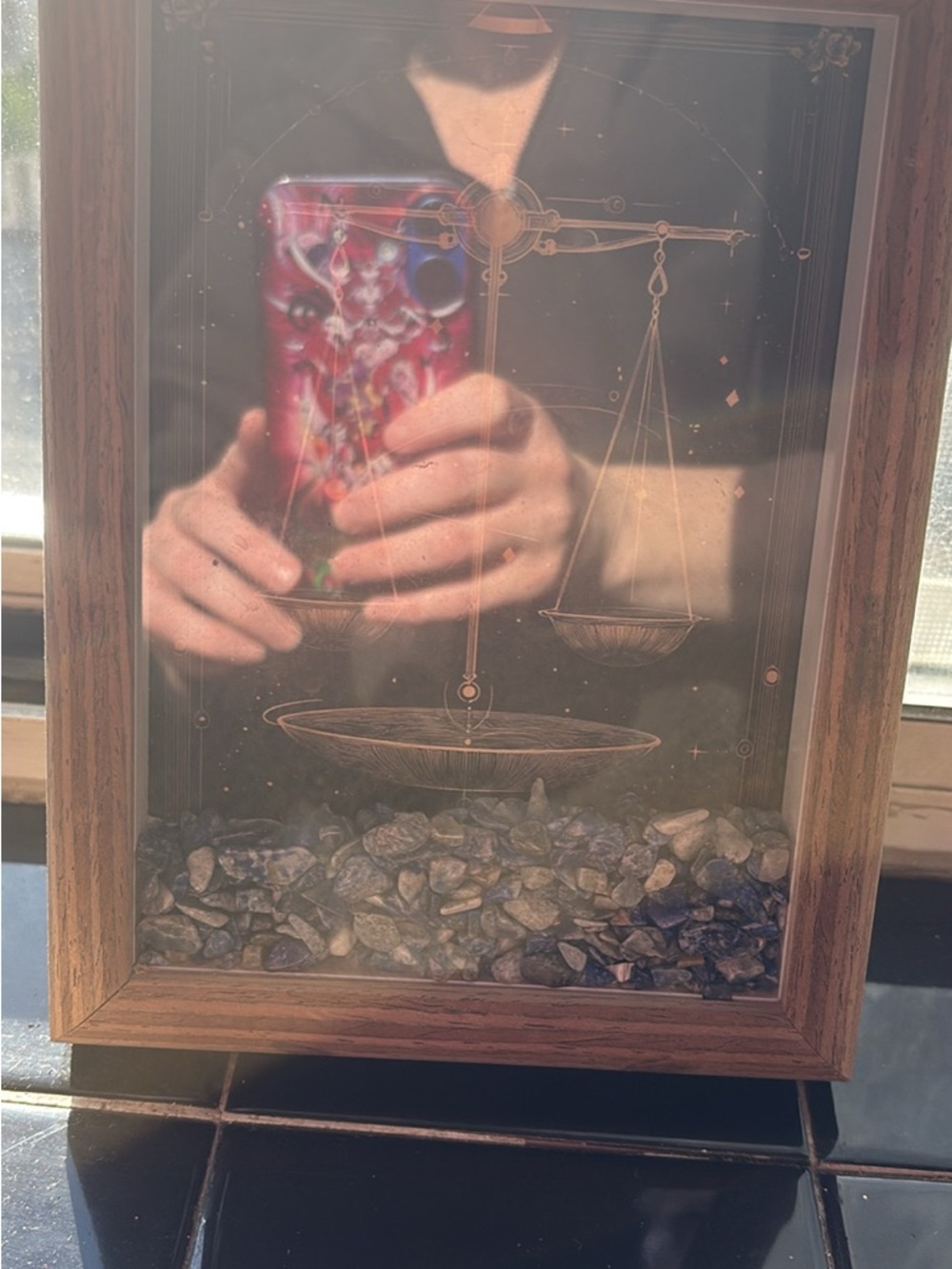 Brown frame with Libra picture and Lapis lazuli crystals